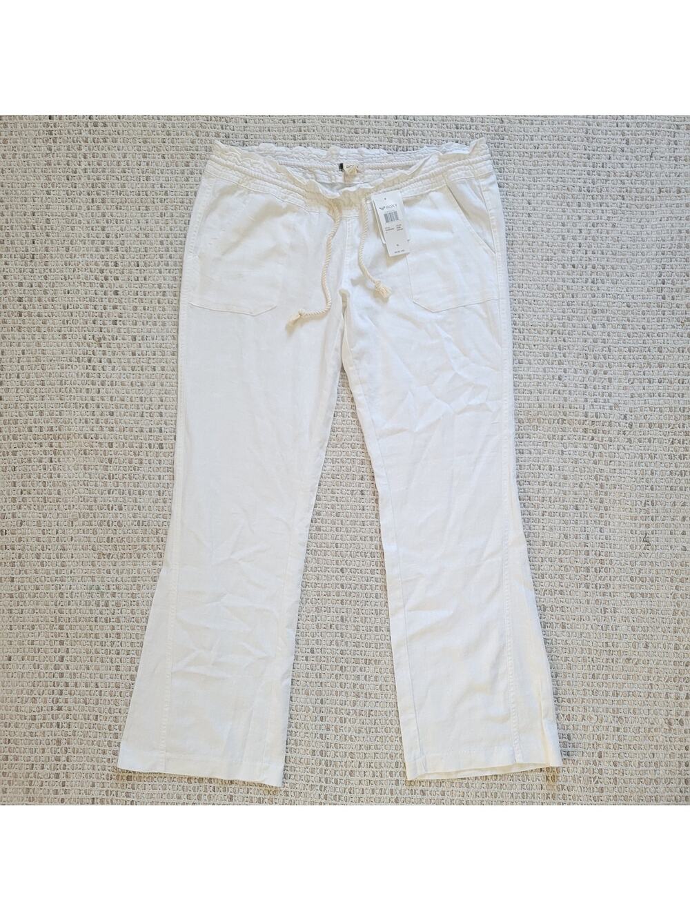 NWT Roxy Oceanside Pant Womens XL White Linen Beach Pants Drawstring Mid Rise
